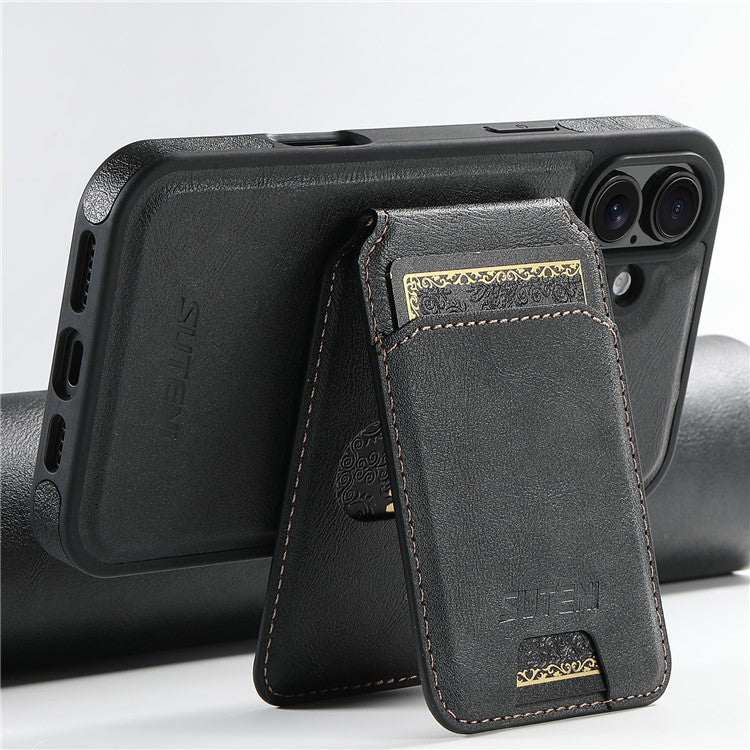 SUTENI M2 For iPhone 16 Magnetic Phone Case Waxy Texture Leather+TPU Cover with Card Bag - Black