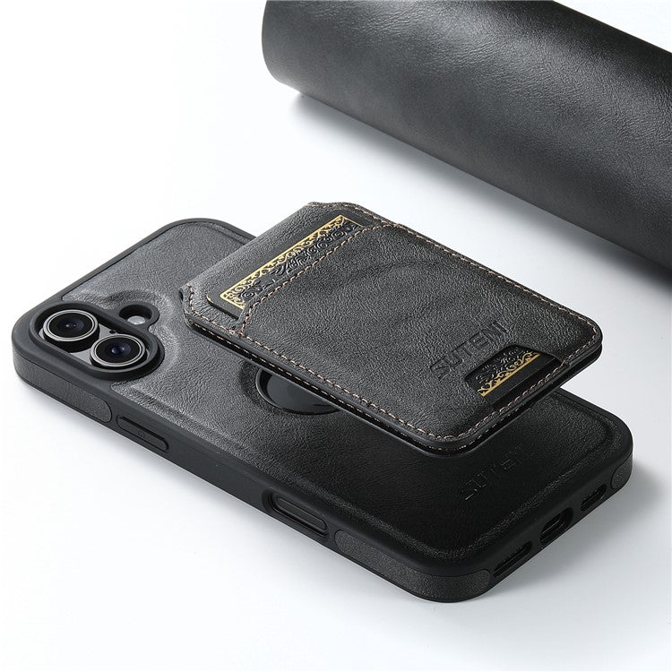 SUTENI M2 For iPhone 16 Magnetic Phone Case Waxy Texture Leather+TPU Cover with Card Bag - Black