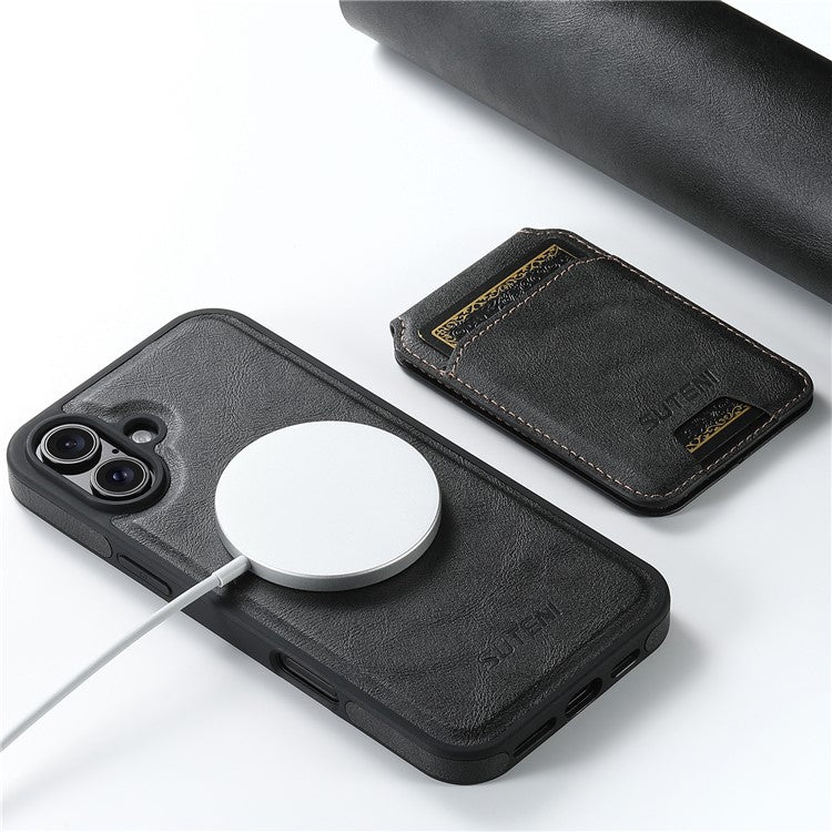 SUTENI M2 For iPhone 16 Magnetic Phone Case Waxy Texture Leather+TPU Cover with Card Bag - Black