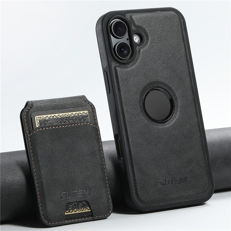 SUTENI M2 For iPhone 16 Magnetic Phone Case Waxy Texture Leather+TPU Cover with Card Bag - Black
