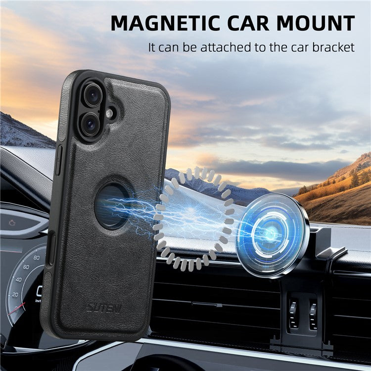SUTENI M2 For iPhone 16 Magnetic Phone Case Waxy Texture Leather+TPU Cover with Card Bag - Black
