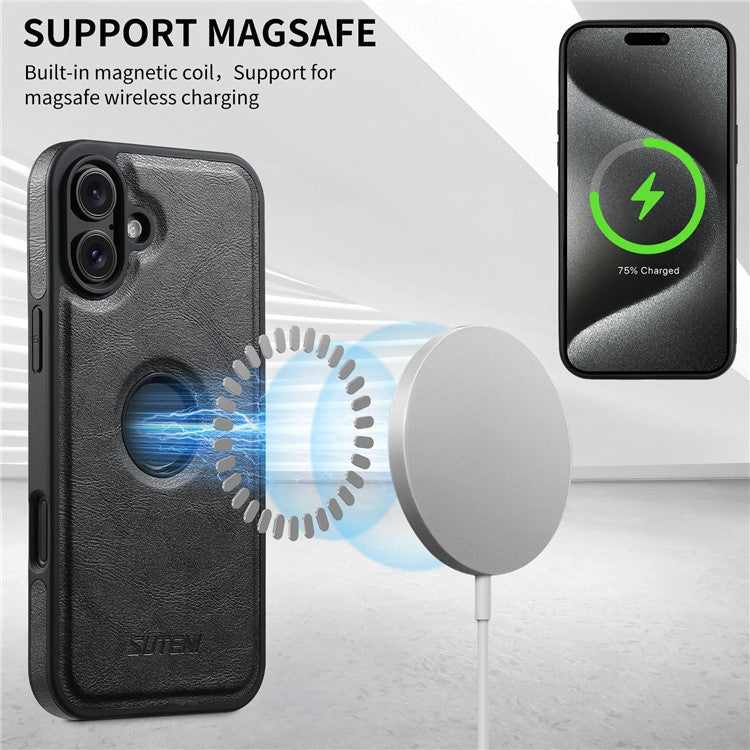 SUTENI M2 For iPhone 16 Magnetic Phone Case Waxy Texture Leather+TPU Cover with Card Bag - Black
