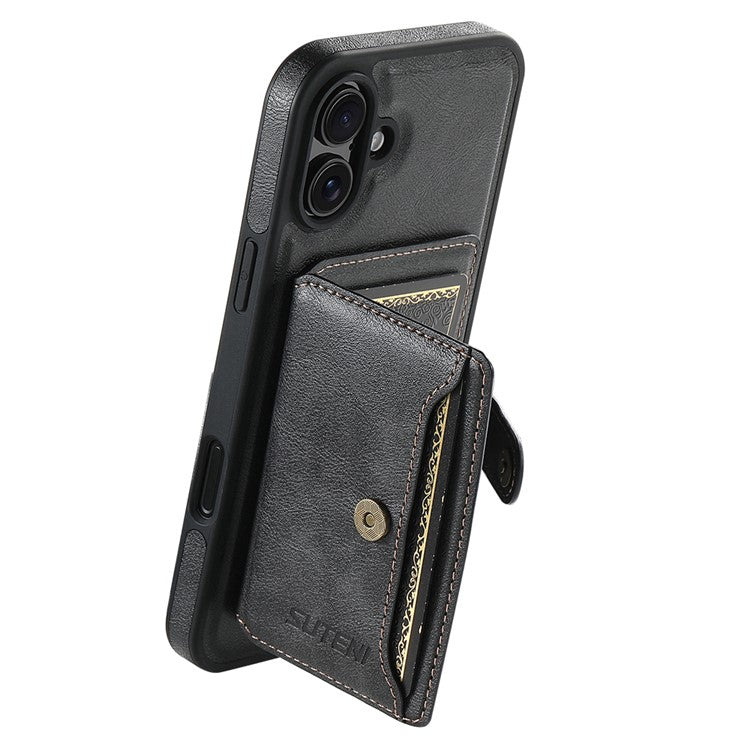 SUTENI M1 For iPhone 16 Magnetic Case Detachable Card Bag Waxy Texture Leather+TPU Cover - Black