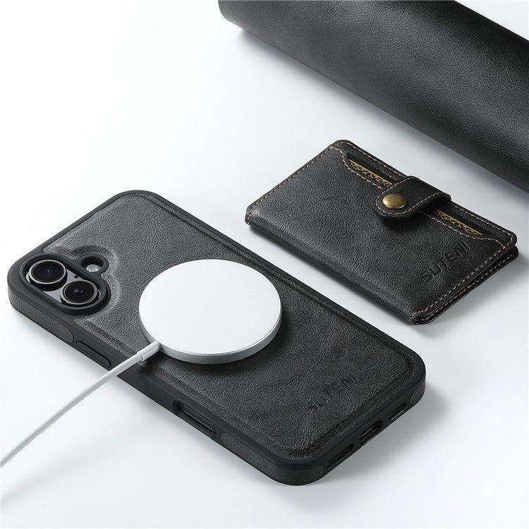 SUTENI M1 For iPhone 16 Magnetic Case Detachable Card Bag Waxy Texture Leather+TPU Cover - Black