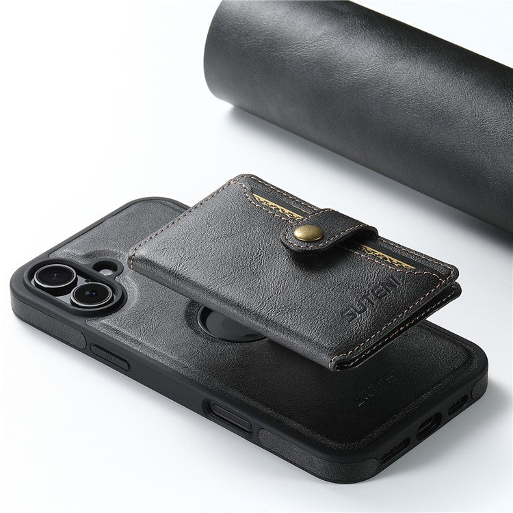 SUTENI M1 For iPhone 16 Magnetic Case Detachable Card Bag Waxy Texture Leather+TPU Cover - Black