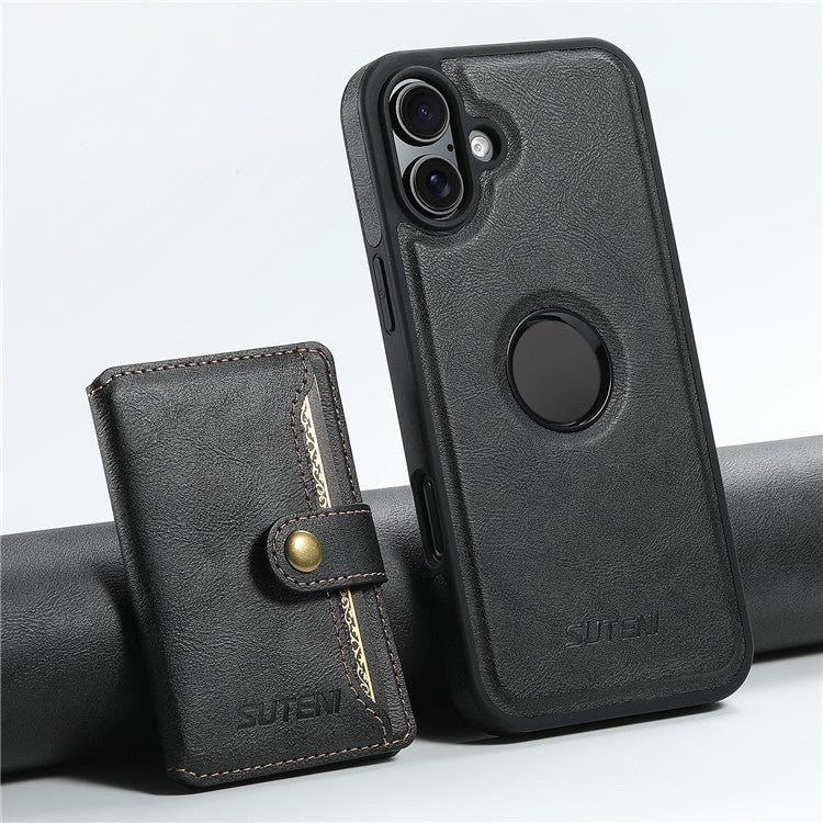 SUTENI M1 For iPhone 16 Magnetic Case Detachable Card Bag Waxy Texture Leather+TPU Cover - Black