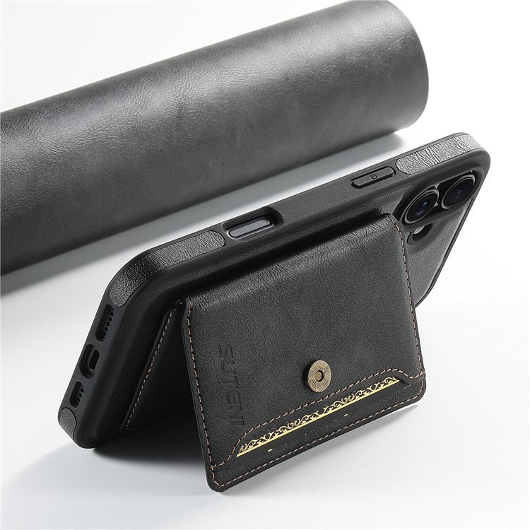 SUTENI M1 For iPhone 16 Magnetic Case Detachable Card Bag Waxy Texture Leather+TPU Cover - Black