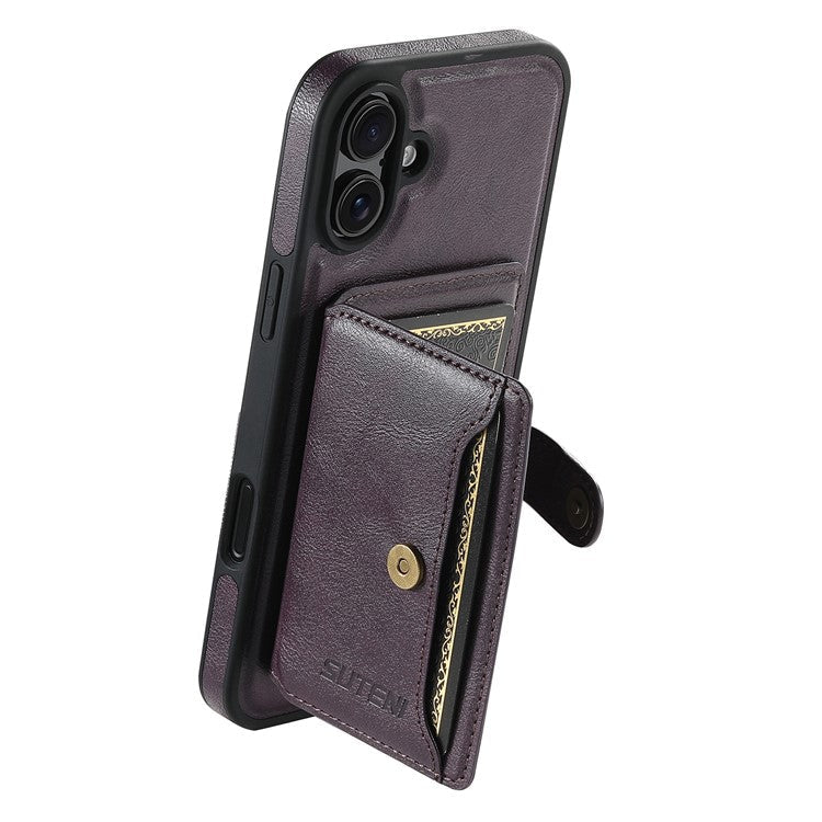 SUTENI M1 For iPhone 16 Magnetic Case Detachable Card Bag Waxy Texture Leather+TPU Cover - Purple