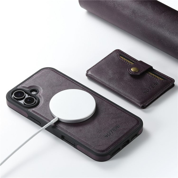 SUTENI M1 For iPhone 16 Magnetic Case Detachable Card Bag Waxy Texture Leather+TPU Cover - Purple