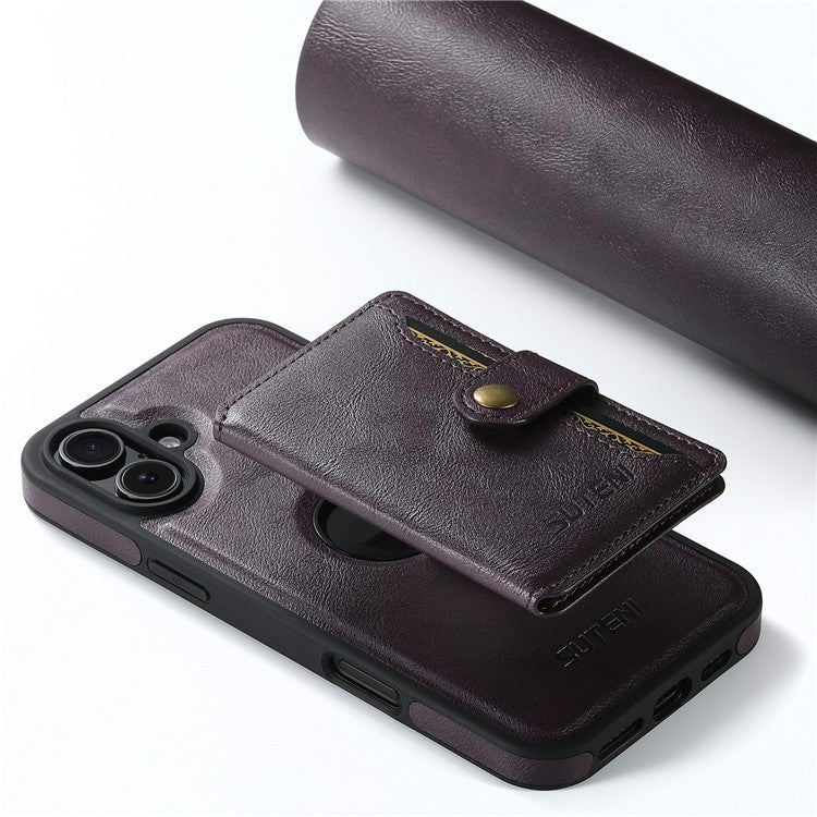 SUTENI M1 For iPhone 16 Magnetic Case Detachable Card Bag Waxy Texture Leather+TPU Cover - Purple