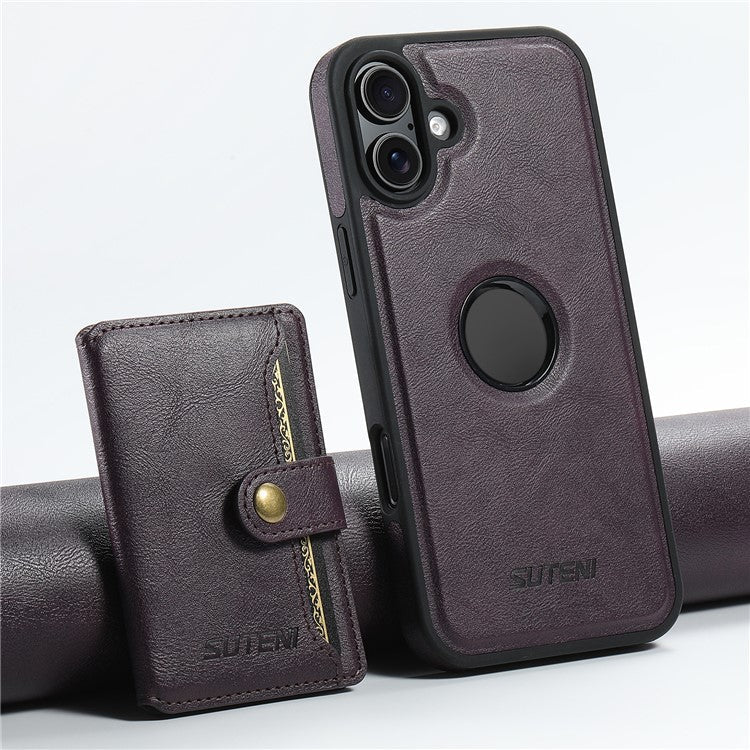 SUTENI M1 For iPhone 16 Magnetic Case Detachable Card Bag Waxy Texture Leather+TPU Cover - Purple