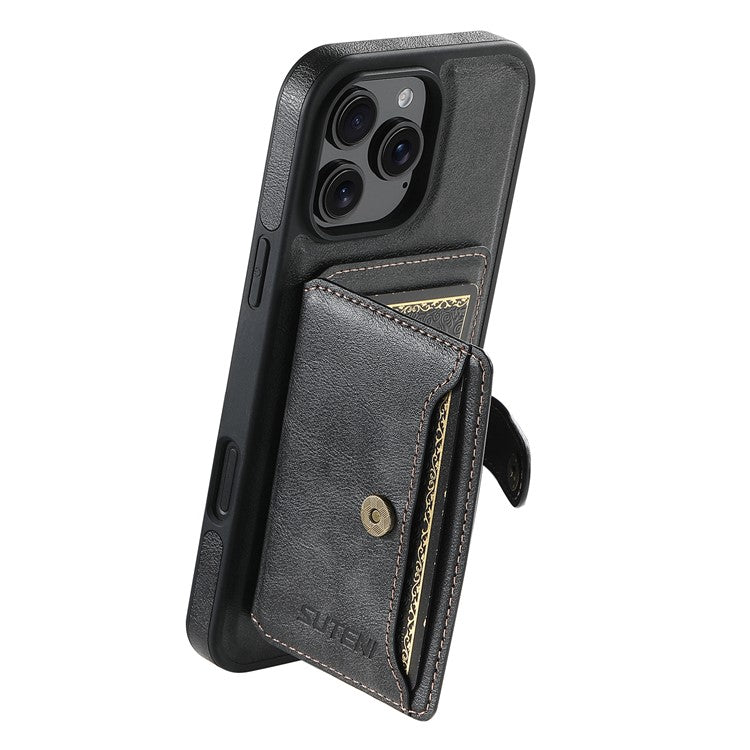 SUTENI M1 For iPhone 16 Pro Magnetic Case Detachable Card Bag Waxy Texture Leather+TPU Cover - Black