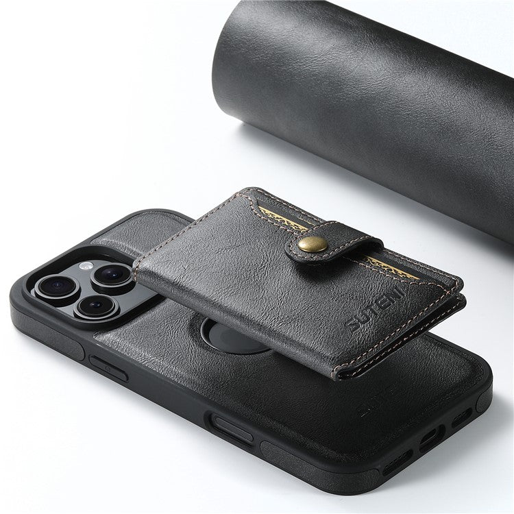 SUTENI M1 For iPhone 16 Pro Magnetic Case Detachable Card Bag Waxy Texture Leather+TPU Cover - Black