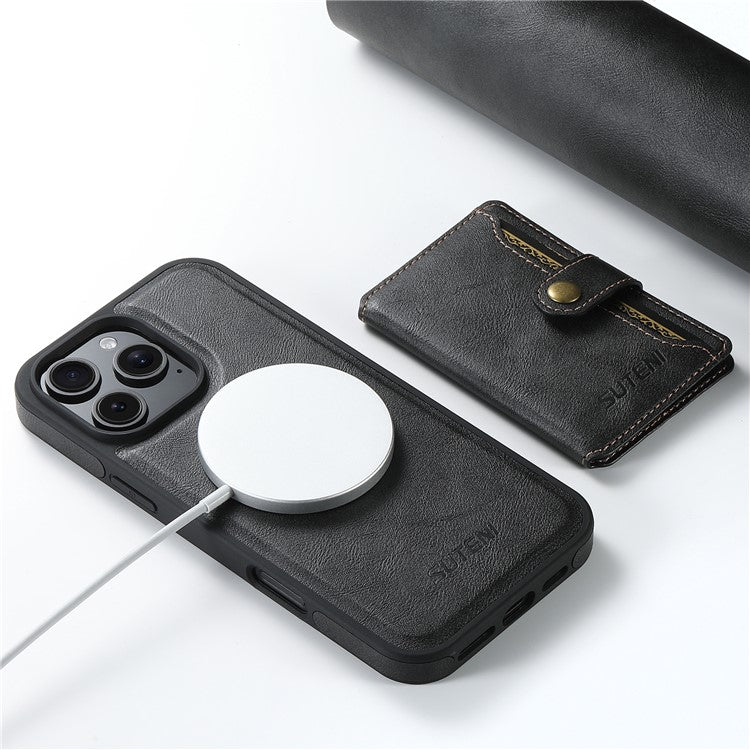 SUTENI M1 For iPhone 16 Pro Magnetic Case Detachable Card Bag Waxy Texture Leather+TPU Cover - Black