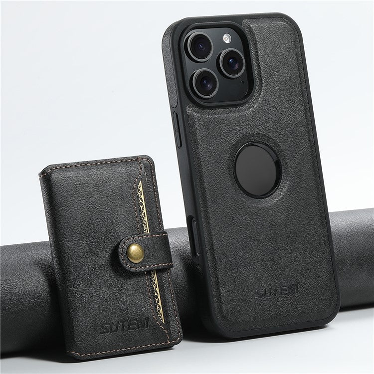 SUTENI M1 For iPhone 16 Pro Magnetic Case Detachable Card Bag Waxy Texture Leather+TPU Cover - Black