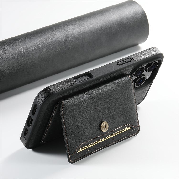SUTENI M1 For iPhone 16 Pro Magnetic Case Detachable Card Bag Waxy Texture Leather+TPU Cover - Black