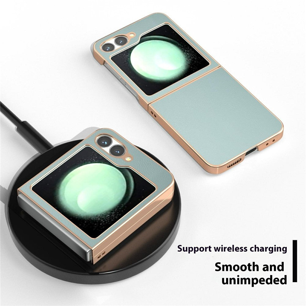 For Samsung Galaxy Z Flip7 FE 5G / Z Flip6 5G Case Electroplating Edge PU Leather Coated PC Phone Cover - Baby Blue