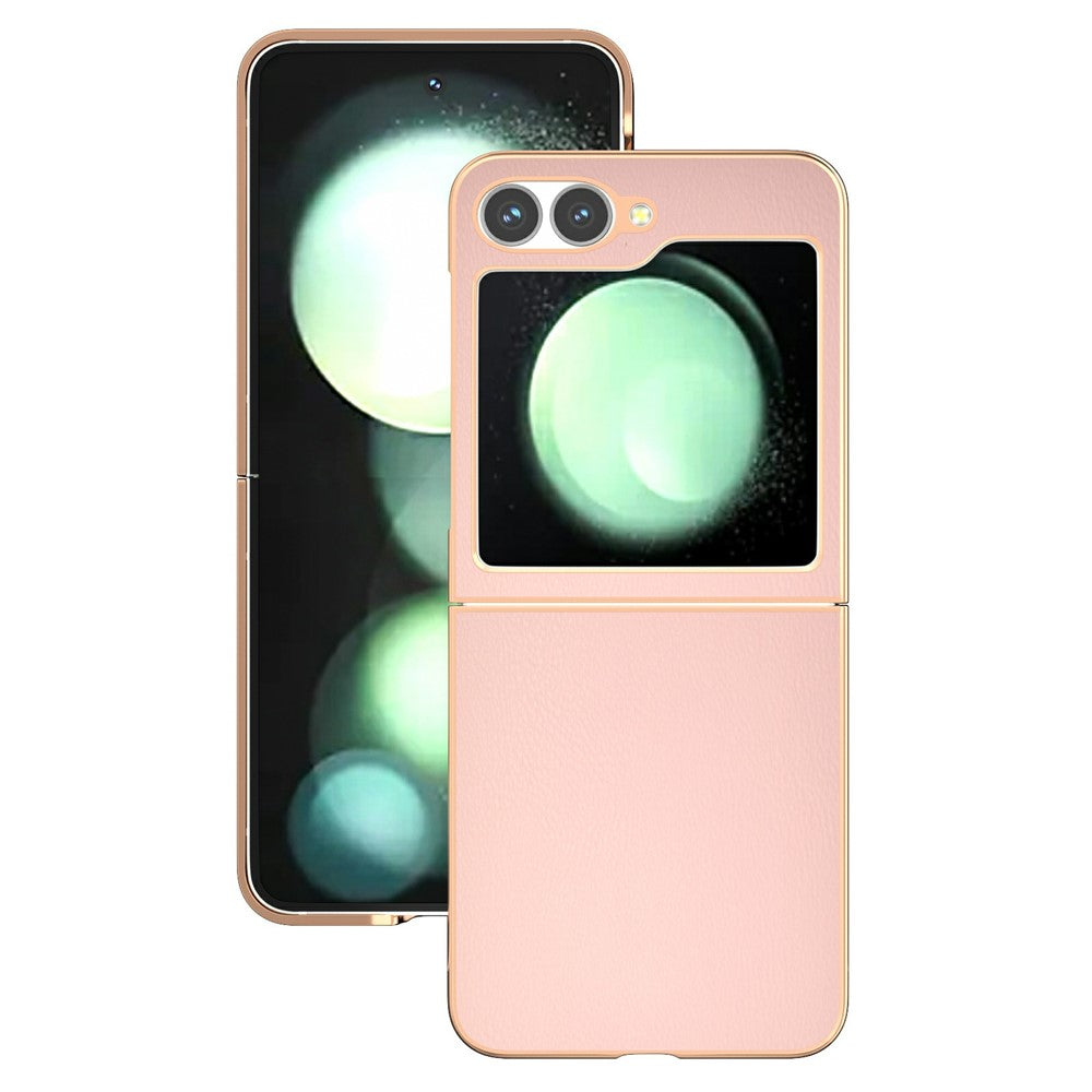 For Samsung Galaxy Z Flip7 FE 5G / Z Flip6 5G Case Electroplating Edge PU Leather Coated PC Phone Cover - Light Pink
