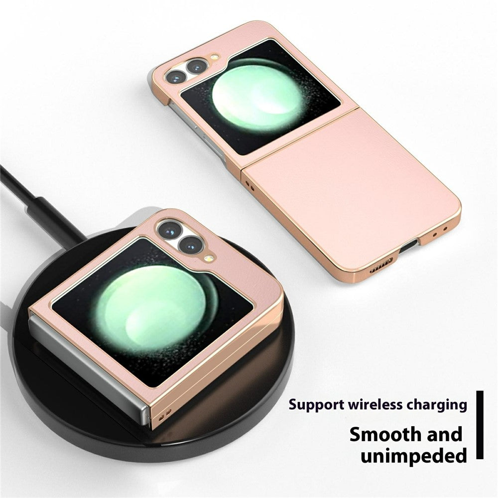 For Samsung Galaxy Z Flip7 FE 5G / Z Flip6 5G Case Electroplating Edge PU Leather Coated PC Phone Cover - Light Pink