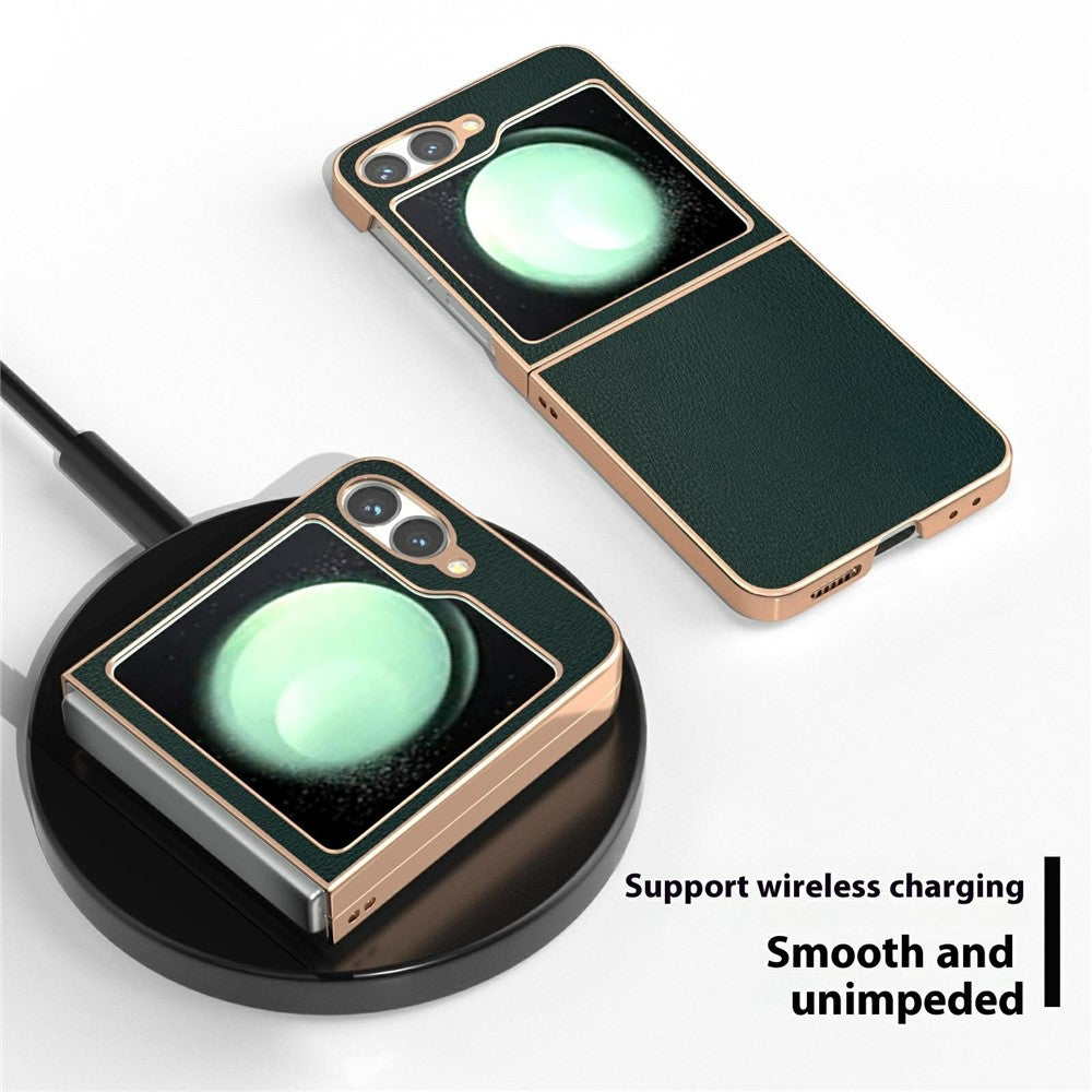 For Samsung Galaxy Z Flip7 FE 5G / Z Flip6 5G Case Electroplating Edge PU Leather Coated PC Phone Cover - Green