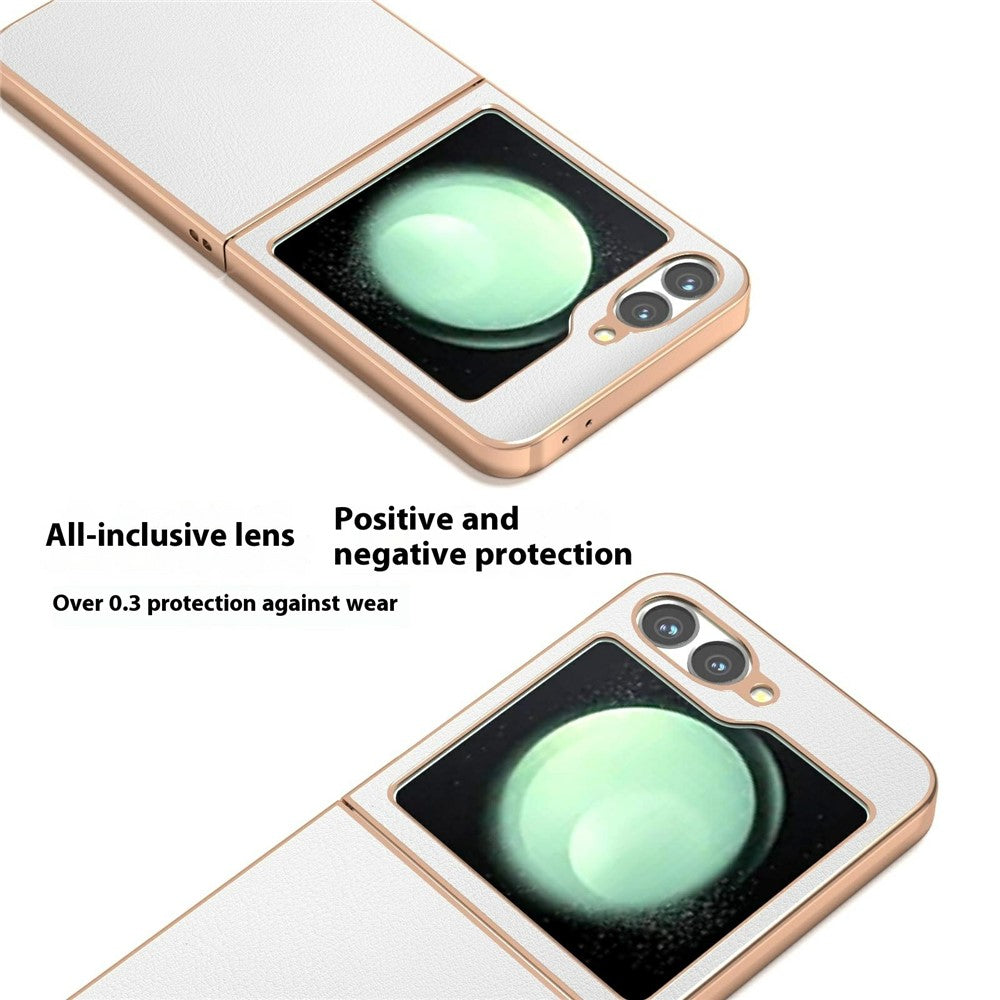 For Samsung Galaxy Z Flip7 FE 5G / Z Flip6 5G Case Electroplating Edge PU Leather Coated PC Phone Cover - White