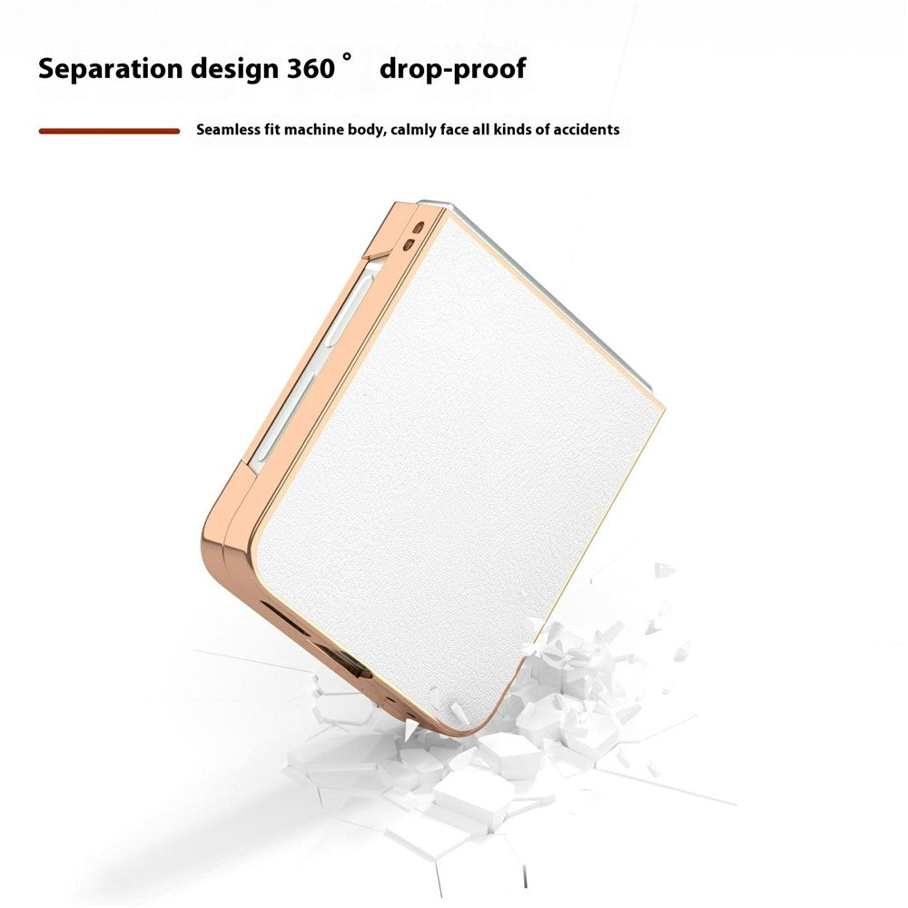 For Samsung Galaxy Z Flip7 FE 5G / Z Flip6 5G Case Electroplating Edge PU Leather Coated PC Phone Cover - White