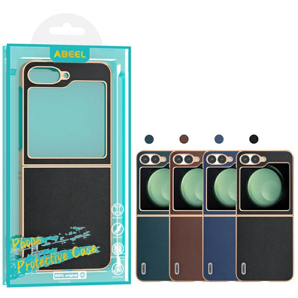 ABEEL For Samsung Galaxy Z Flip7 FE 5G / Z Flip6 5G Case Electroplating Edge Genuine Cow Leather+PC Phone Cover - Blue