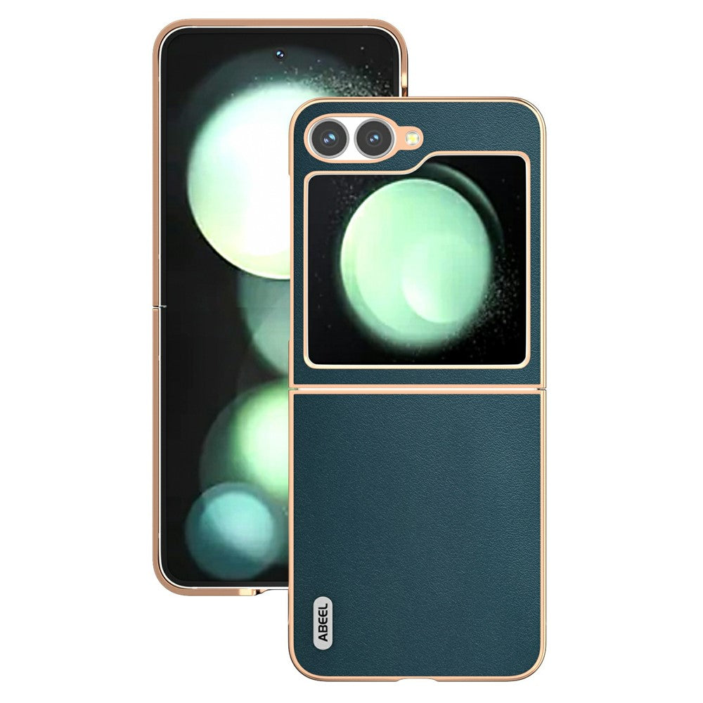 ABEEL For Samsung Galaxy Z Flip7 FE 5G / Z Flip6 5G Case Electroplating Edge Genuine Cow Leather+PC Phone Cover - Green