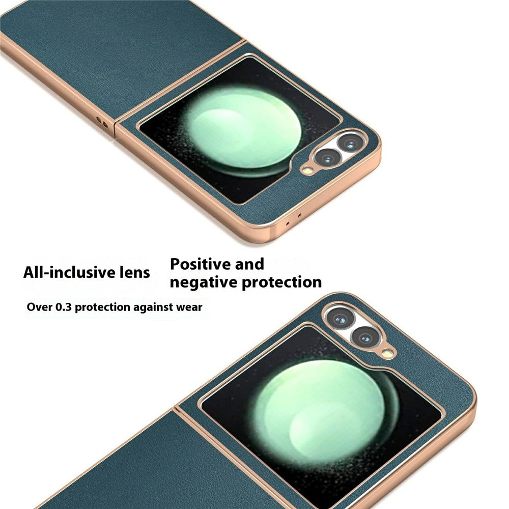ABEEL For Samsung Galaxy Z Flip7 FE 5G / Z Flip6 5G Case Electroplating Edge Genuine Cow Leather+PC Phone Cover - Green