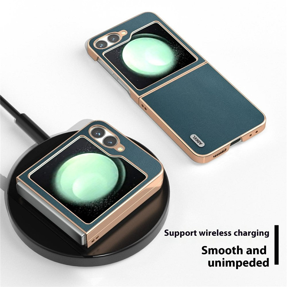 ABEEL For Samsung Galaxy Z Flip7 FE 5G / Z Flip6 5G Case Electroplating Edge Genuine Cow Leather+PC Phone Cover - Green