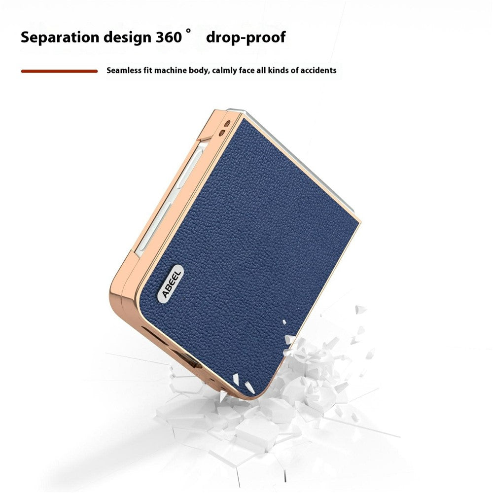 ABEEL For Samsung Galaxy Z Flip7 FE 5G / Z Flip6 5G Case Electroplating Edge Genuine Cow Leather Coated PC Phone Cover - Blue