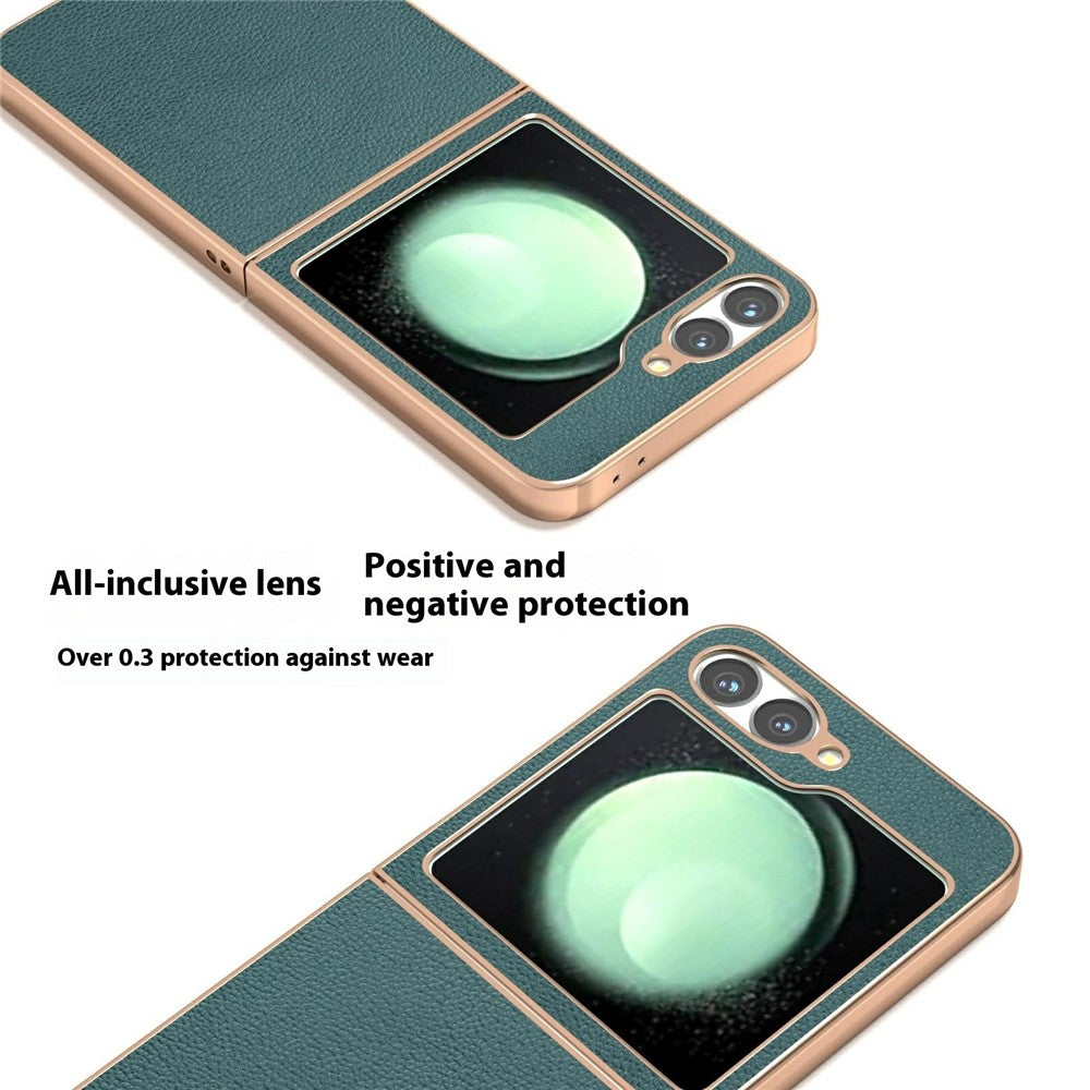 ABEEL For Samsung Galaxy Z Flip7 FE 5G / Z Flip6 5G Case Electroplating Edge Genuine Cow Leather Coated PC Phone Cover - Midnight Green