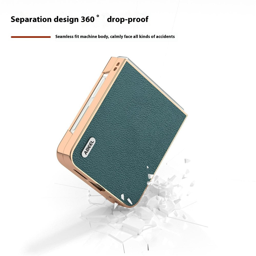 ABEEL For Samsung Galaxy Z Flip7 FE 5G / Z Flip6 5G Case Electroplating Edge Genuine Cow Leather Coated PC Phone Cover - Midnight Green