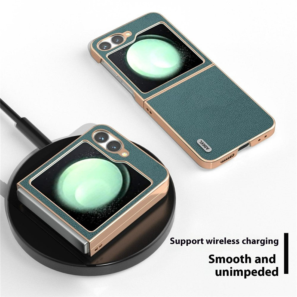 ABEEL For Samsung Galaxy Z Flip7 FE 5G / Z Flip6 5G Case Electroplating Edge Genuine Cow Leather Coated PC Phone Cover - Midnight Green