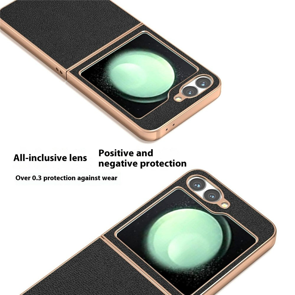 ABEEL For Samsung Galaxy Z Flip7 FE 5G / Z Flip6 5G Case Electroplating Edge Genuine Cow Leather Coated PC Phone Cover - Black