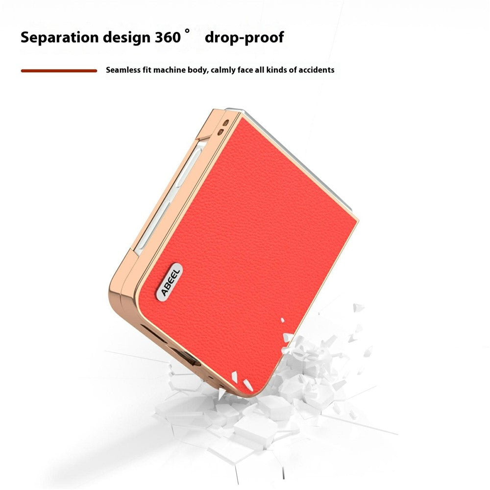 ABEEL For Samsung Galaxy Z Flip7 FE 5G / Z Flip6 5G Case Electroplating Edge Genuine Cow Leather Coated PC Phone Cover - Red
