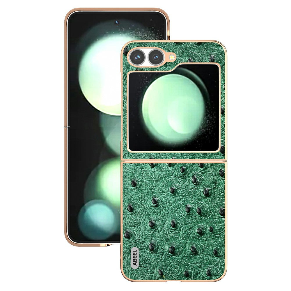 ABEEL For Samsung Galaxy Z Flip7 FE 5G / Z Flip6 5G Case Electroplating Edge Ostrich Texture Genuine Cow Leather Back Cover - Green