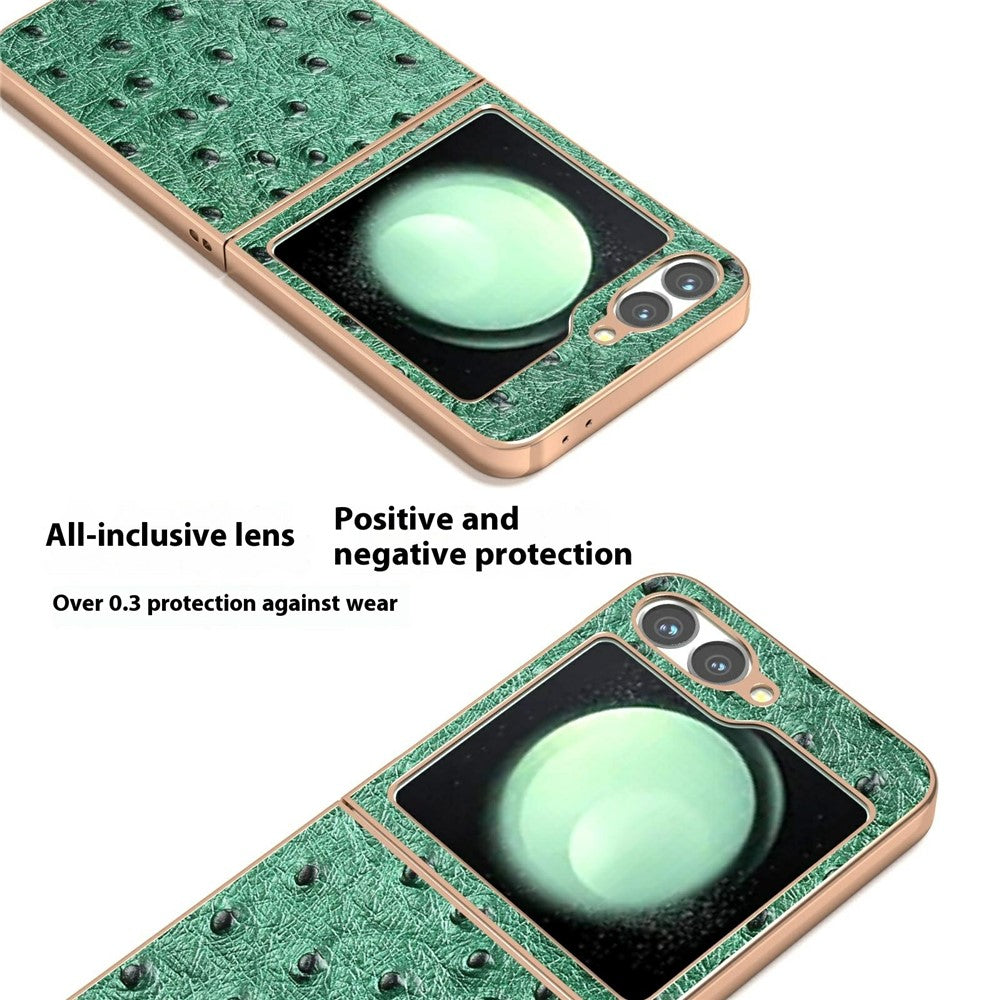 ABEEL For Samsung Galaxy Z Flip7 FE 5G / Z Flip6 5G Case Electroplating Edge Ostrich Texture Genuine Cow Leather Back Cover - Green