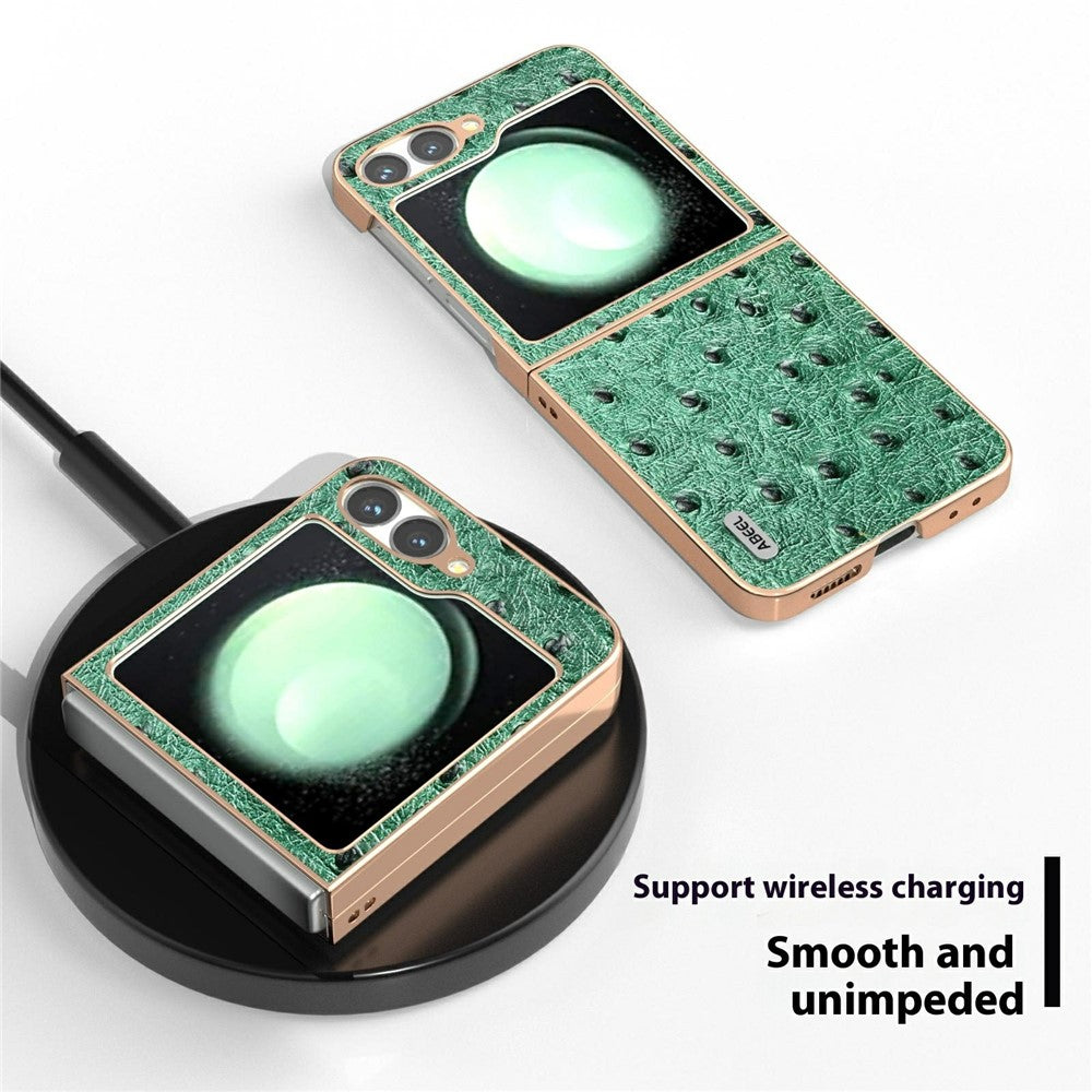ABEEL For Samsung Galaxy Z Flip7 FE 5G / Z Flip6 5G Case Electroplating Edge Ostrich Texture Genuine Cow Leather Back Cover - Green