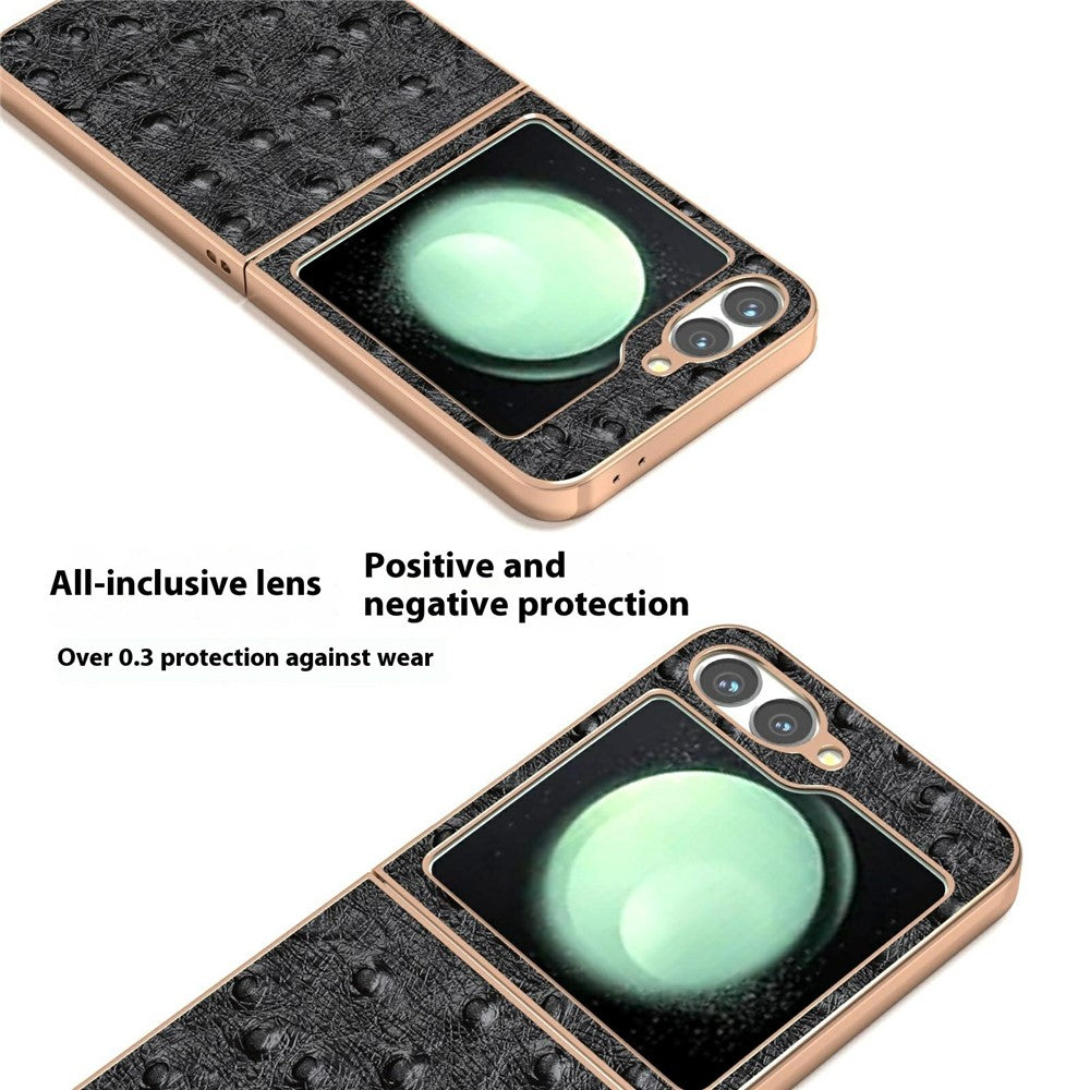 ABEEL For Samsung Galaxy Z Flip7 FE 5G / Z Flip6 5G Case Electroplating Edge Ostrich Texture Genuine Cow Leather Back Cover - Black