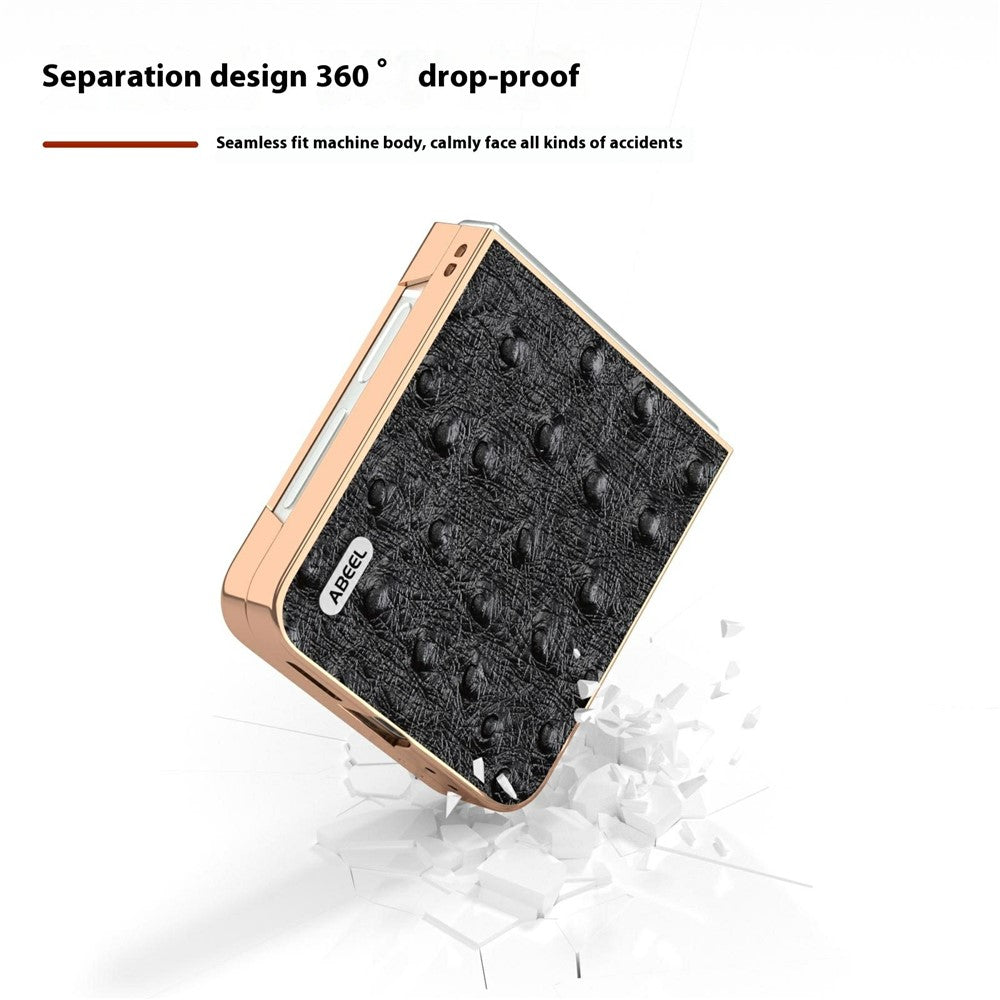 ABEEL For Samsung Galaxy Z Flip7 FE 5G / Z Flip6 5G Case Electroplating Edge Ostrich Texture Genuine Cow Leather Back Cover - Black