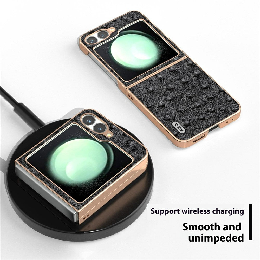 ABEEL For Samsung Galaxy Z Flip7 FE 5G / Z Flip6 5G Case Electroplating Edge Ostrich Texture Genuine Cow Leather Back Cover - Black