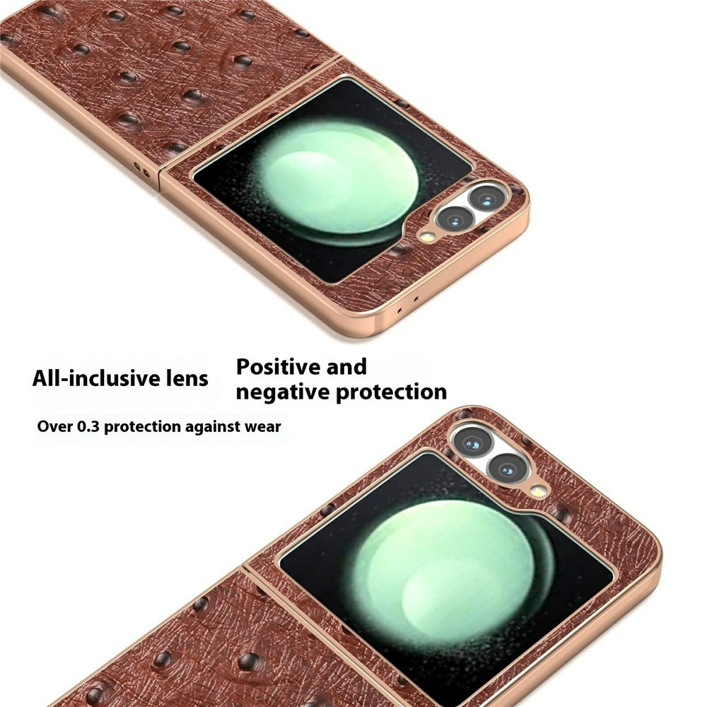 ABEEL For Samsung Galaxy Z Flip7 FE 5G / Z Flip6 5G Case Electroplating Edge Ostrich Texture Genuine Cow Leather Back Cover - Coffee