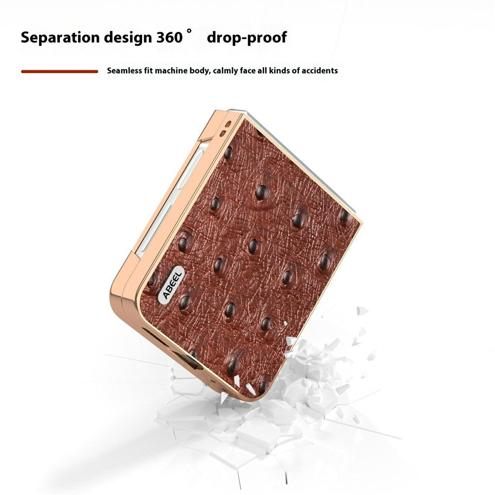 ABEEL For Samsung Galaxy Z Flip7 FE 5G / Z Flip6 5G Case Electroplating Edge Ostrich Texture Genuine Cow Leather Back Cover - Coffee
