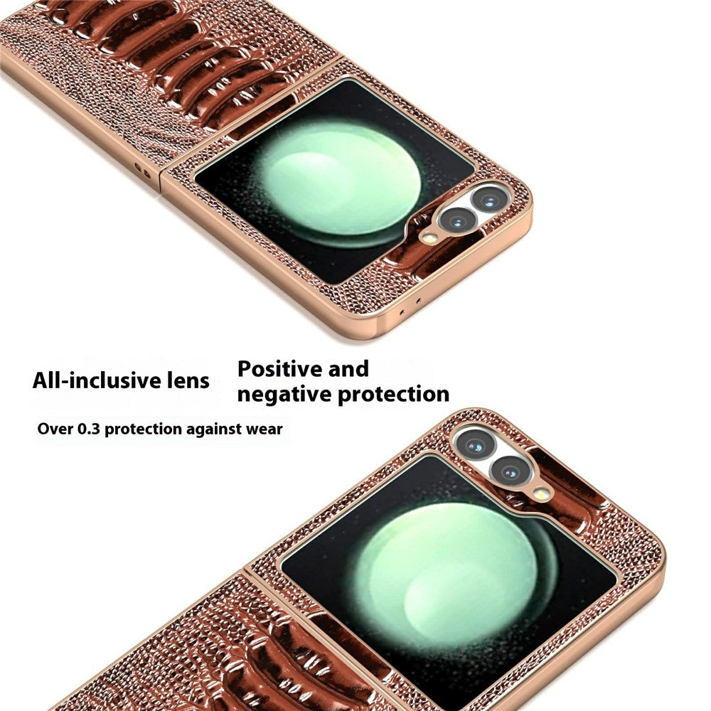 ABEEL For Samsung Galaxy Z Flip7 FE 5G / Z Flip6 5G Case Electroplating Edge Crocodile Texture Genuine Cow Leather+PC Phone Cover - Coffee