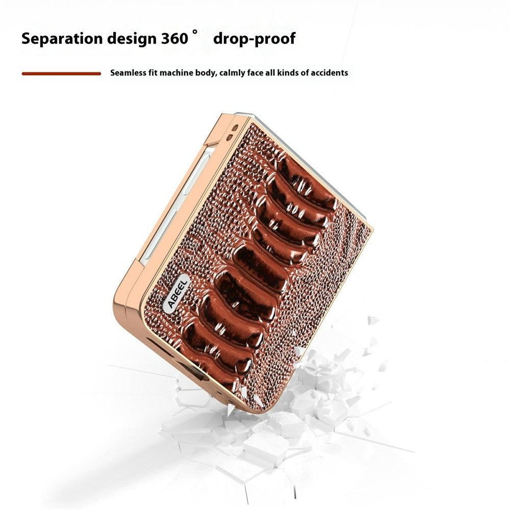 ABEEL For Samsung Galaxy Z Flip7 FE 5G / Z Flip6 5G Case Electroplating Edge Crocodile Texture Genuine Cow Leather+PC Phone Cover - Coffee