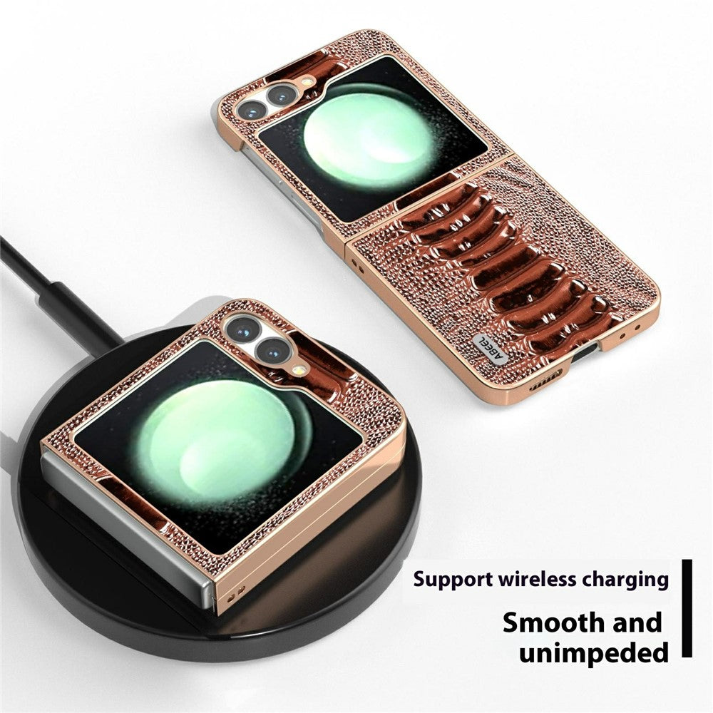 ABEEL For Samsung Galaxy Z Flip7 FE 5G / Z Flip6 5G Case Electroplating Edge Crocodile Texture Genuine Cow Leather+PC Phone Cover - Coffee