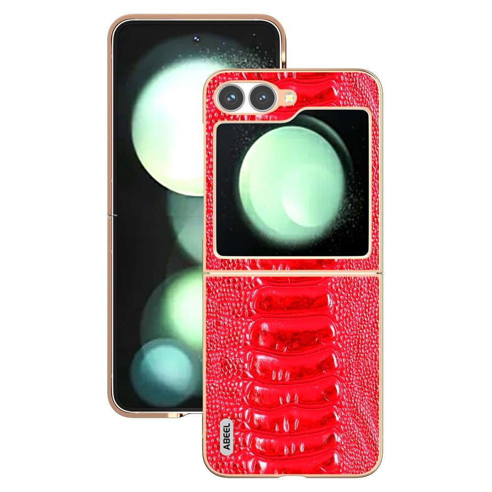 ABEEL For Samsung Galaxy Z Flip7 FE 5G / Z Flip6 5G Case Electroplating Edge Crocodile Texture Genuine Cow Leather+PC Phone Cover - Red