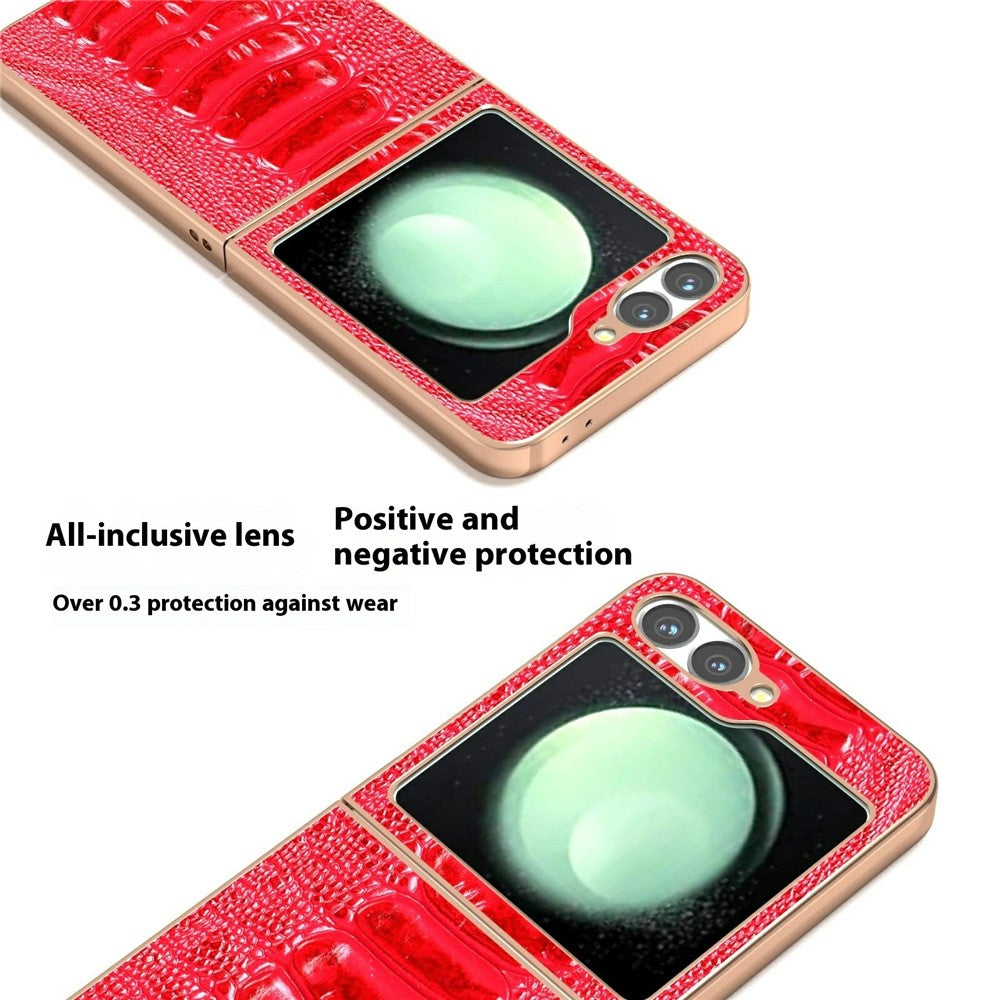 ABEEL For Samsung Galaxy Z Flip7 FE 5G / Z Flip6 5G Case Electroplating Edge Crocodile Texture Genuine Cow Leather+PC Phone Cover - Red