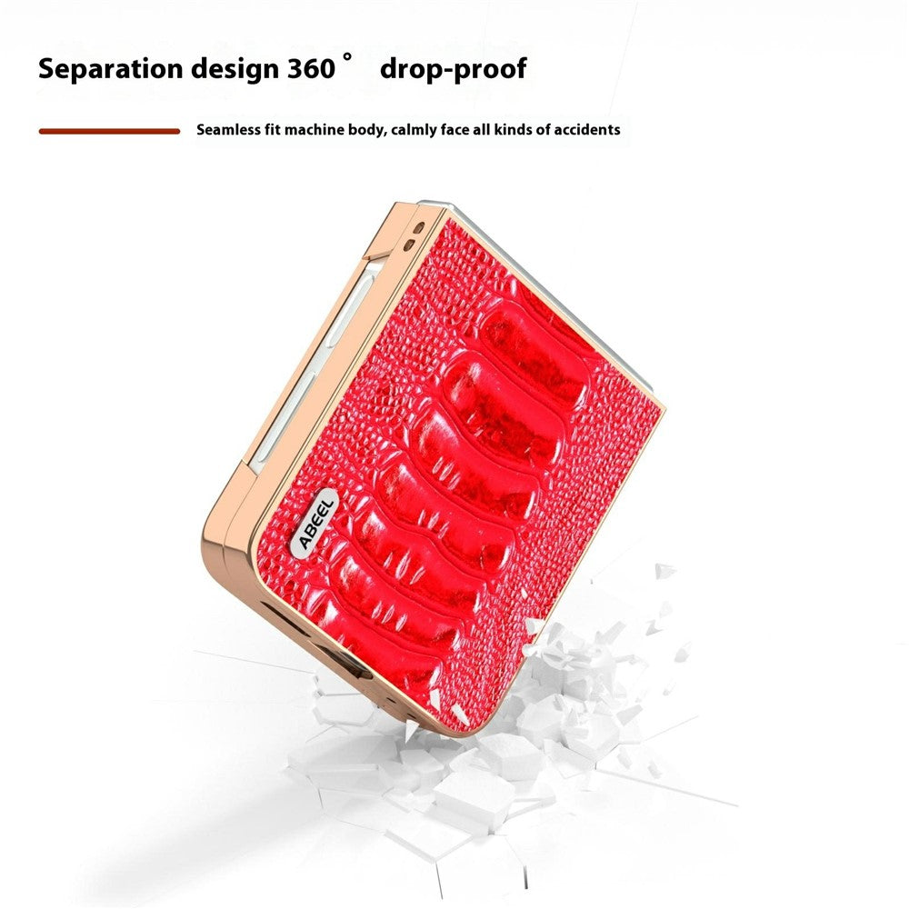 ABEEL For Samsung Galaxy Z Flip7 FE 5G / Z Flip6 5G Case Electroplating Edge Crocodile Texture Genuine Cow Leather+PC Phone Cover - Red
